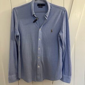 Ralph Lauren Women's Blue Knit Oxford Button Down Dress Shirt